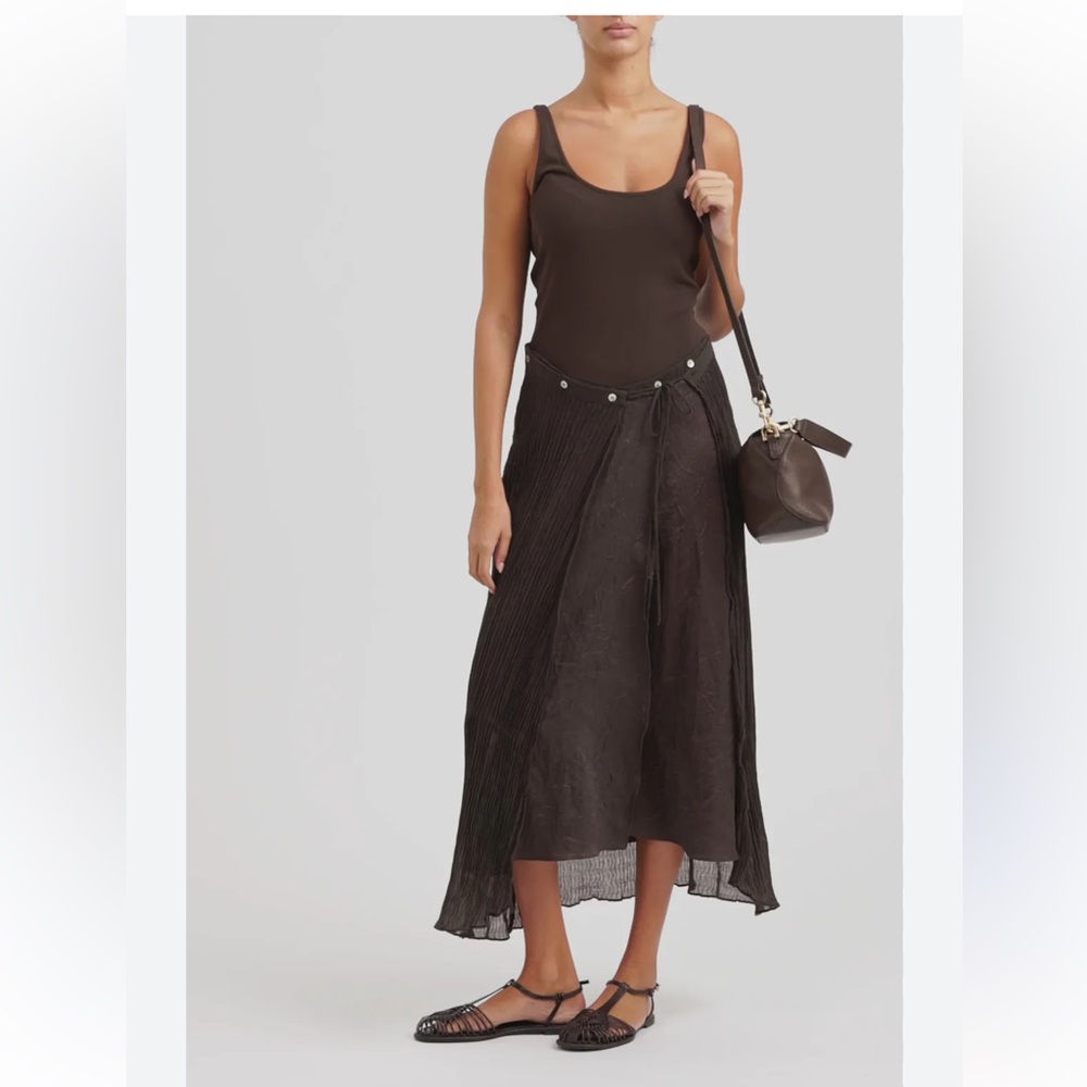 Zara brown mixed pareo dress sleeveless wrap skirt portion sz M tie button